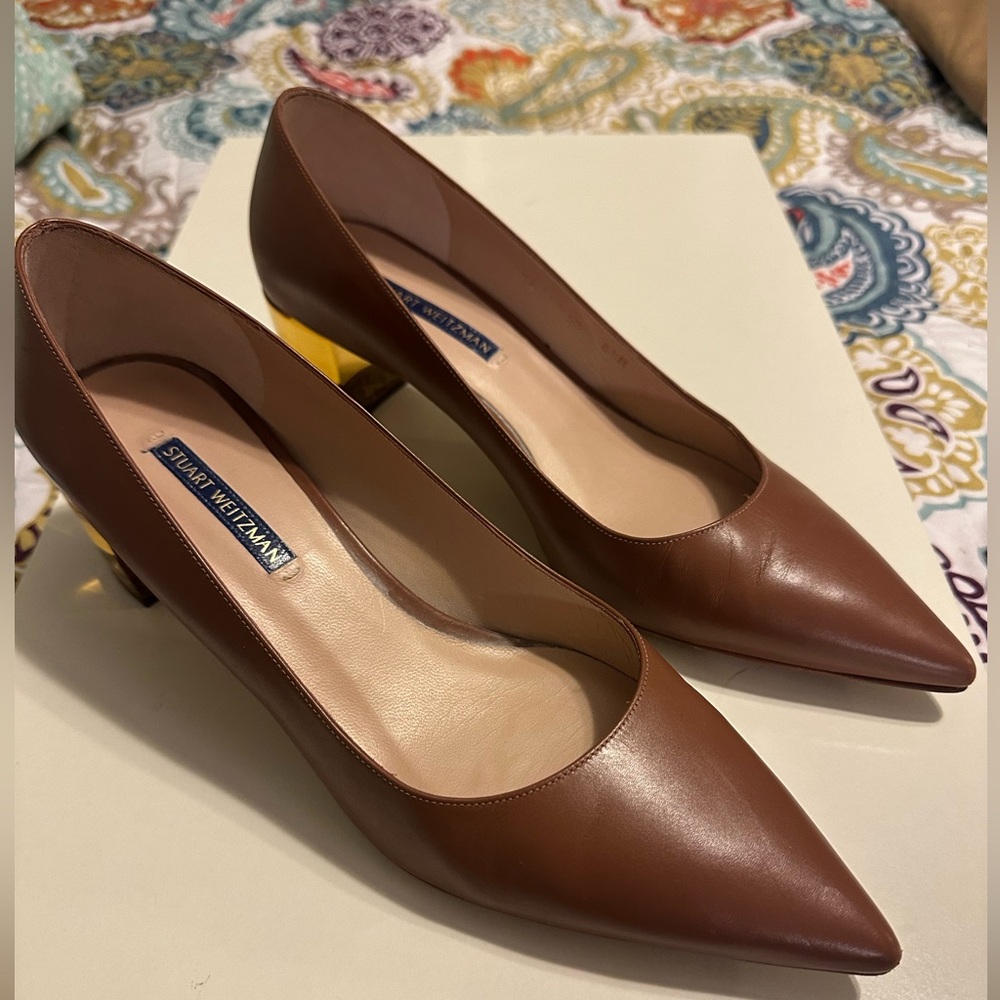 Stuart Weitzman Carole Brown Leather Acrylic Block Heels